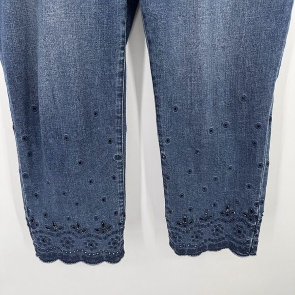 Chicos 2.5 Girlfriend Slim Crop Jeans Size 14 Embroidered Eyelet Hem Blue Denim - Picture 8 of 14